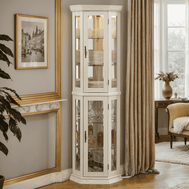 CKEASEAN Curio Cabinet 69" Lighted Glass Corner Cabinet, Vintage Display Cabinet with Adjustable Shelves