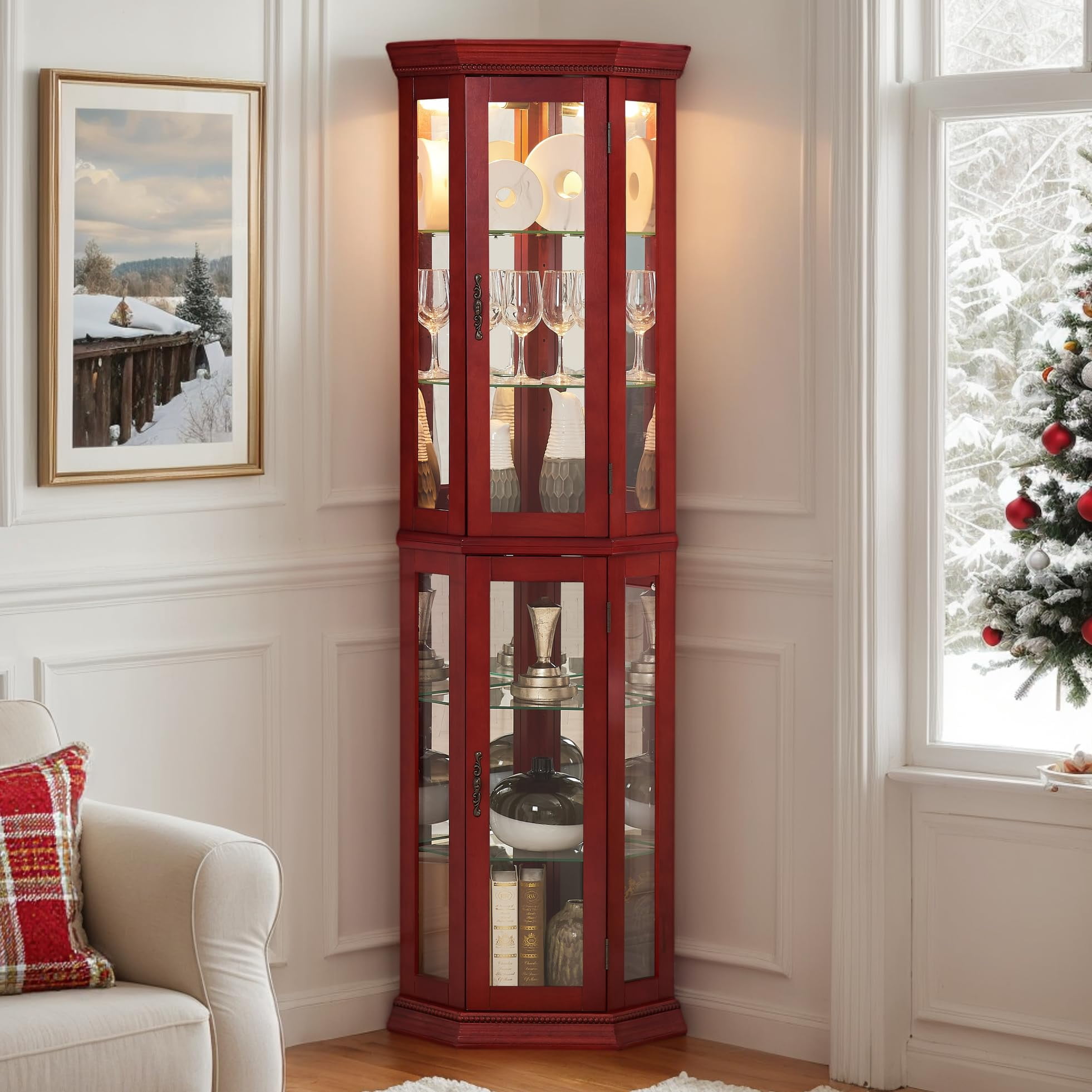 CKEASEAN Curio Cabinet 69" Lighted Glass Corner Cabinet, Vintage Display Cabinet with Adjustable Shelves