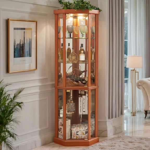 CKEASEAN 70"H Corner Curio Cabinet, Lighted Corner Display Cabinet with Tempered Glass Doors & 5 Adjustable Shelves, Mirrored Back, Bulb Inclued, Wine Bar China Cabinet for Living Room Liquor Storage
