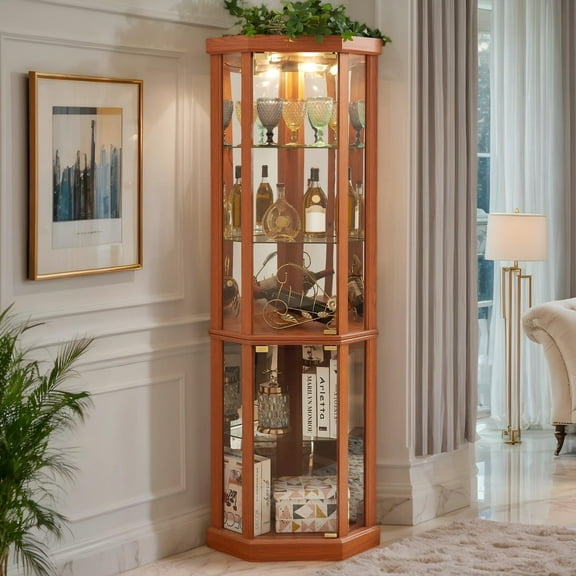 CKEASEAN Curio Cabinet with Light Bulb, 70"H Corner Glass Display Cabinet with Tempered Glass Door and Adjustable Shelves