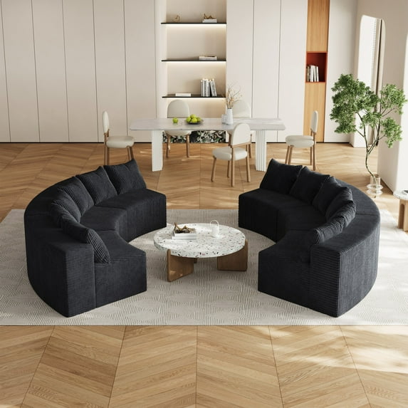 CKEASEAN Curved Modular Sectional Sofa Set, Corduroy Convertible Sectional Boneless Couch with 12 Pillows & Deep Seat, No Assembly Required, 6-Seater Cloud Sofa Couches for Living Room/Bedroom
