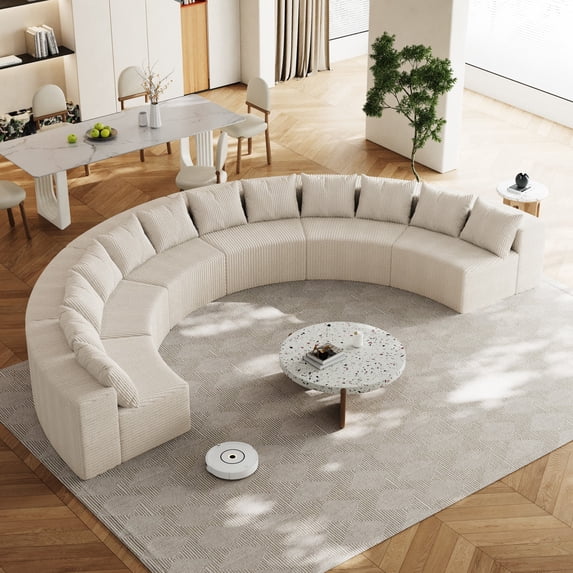 CKEASEAN Curved Modular Sectional Sofa Set, Corduroy Convertible Sectional Boneless Couch with 12 Pillows & Deep Seat, No Assembly Required, 6-Seater Cloud Sofa Couches for Living Room/Bedroom