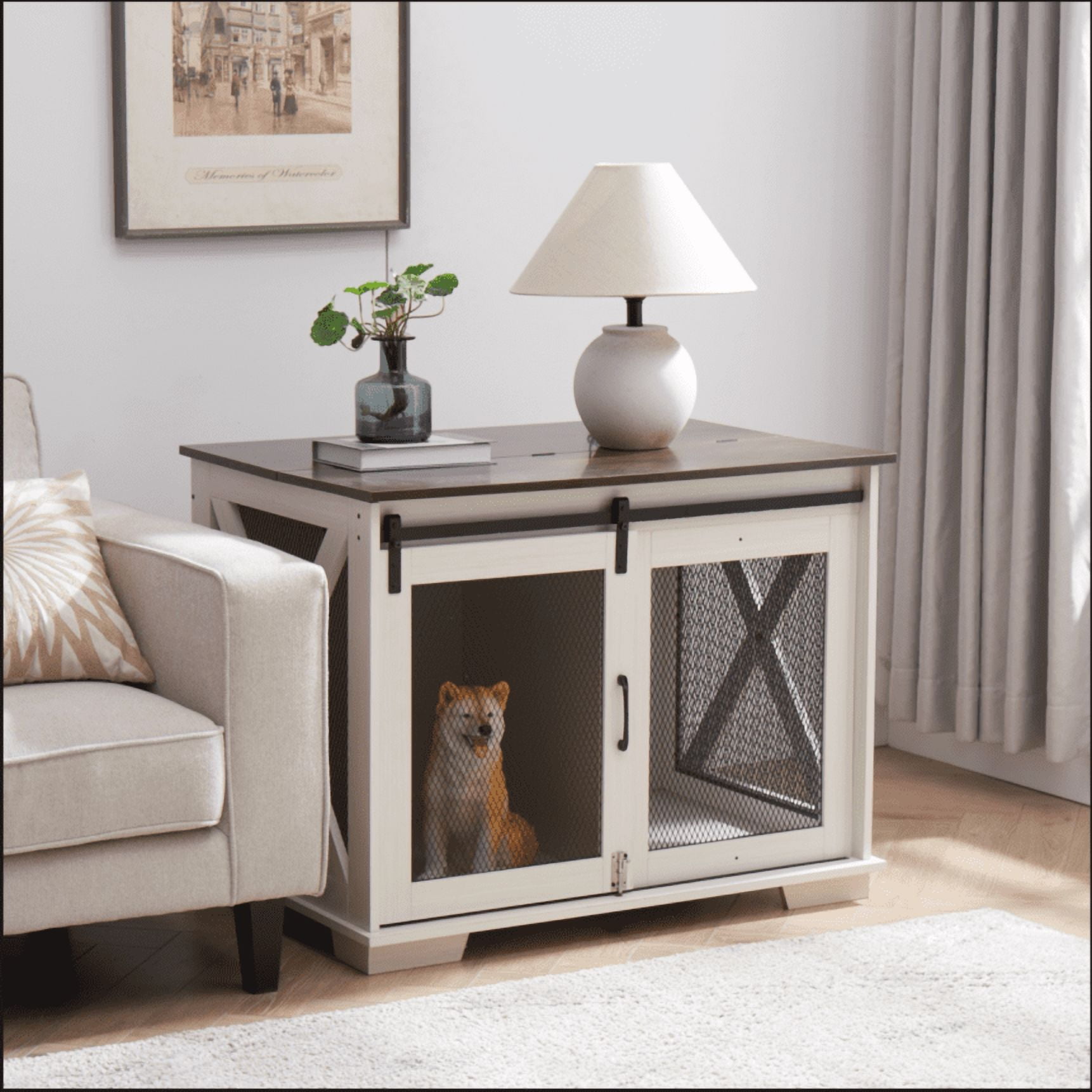 CKEASEAN Farmhouse Style Dog Cage Crate Furniture with Sliding Barn Door, Wooden Dog Kennel End Table with Flip-top Plate and Detachable Divider for Small/Medium/Large Dogs