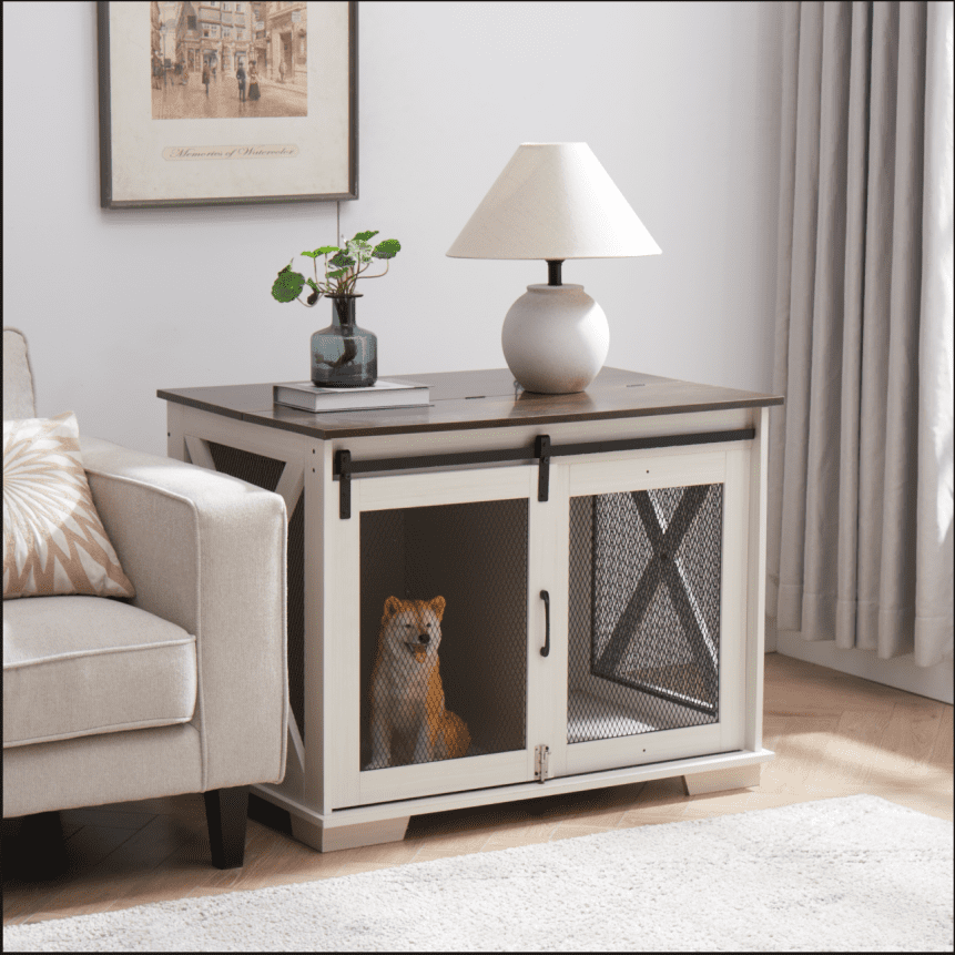 White Medium Farmhouse Dog Crate Table with Metal Mesh