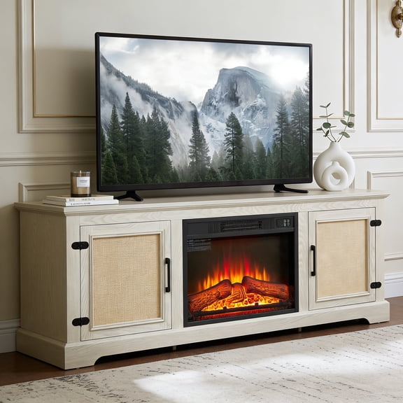 CKEASEAN 65" W Rattan Door TV Stand with Fireplace, Entertainment Center with 23'' Electric Fireplace, TV Console Table for TVs up to 75 Inch, Rack for Living Room