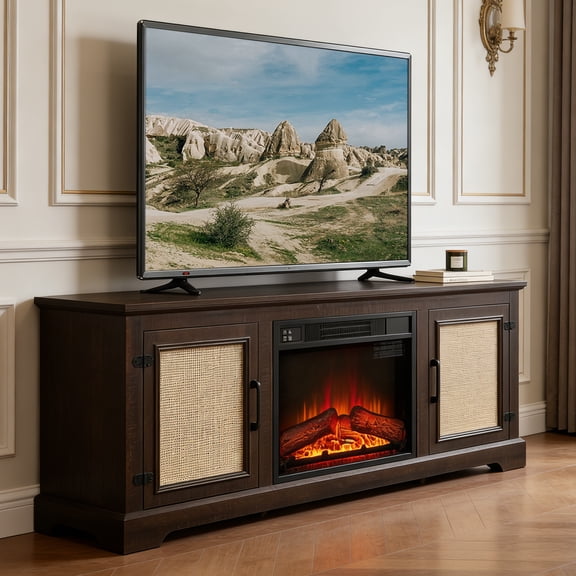CKEASEAN 65" W Fireplace TV Stand with Rattan Doors, 23'' Fireplace Insert, Entertainment Center with Adjuatable Shelves, Wooden TV Console Table for TVs up to 75 Inch, Rack for Living Room
