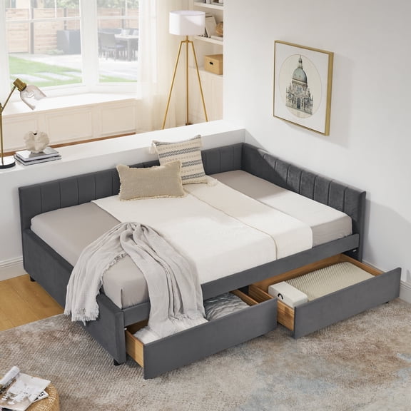 CKEASEAN Full Size Velvet Daybed with Storage Drawers, Modern Tufted Upholstered Sofa Day Bed Frame with Wood Slats & Armrests, No Box Spring Needed, Noise Free for Bedroom, Space Saving