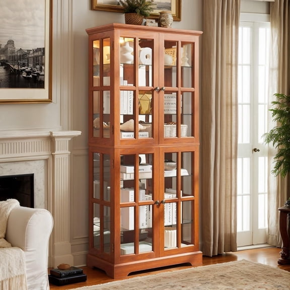 CKEASEAN Glass Display Cabinet, 69" H Curio Cabinet with Adjustable Shelves and 4 Glass Doors, Light Bulb Included, Elegant Antique Showcase, Rack for Living Room/Home Office