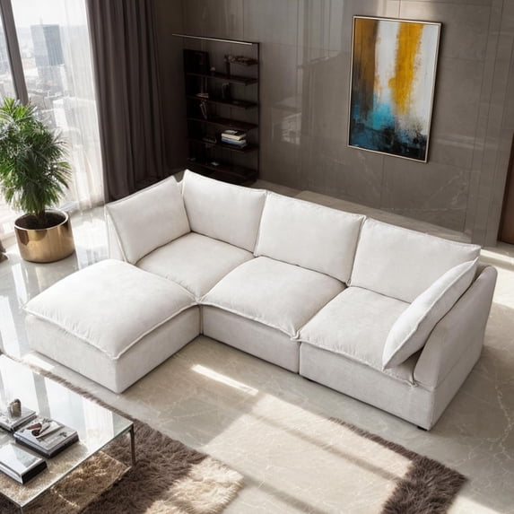 CKEASEAN L Shaped Modern Sofa Modular Sectional Cloud Couch, 99.3"W 4-Seat Chenille Deep Seat Sofa with Soft Pillow, Ottoman Included, Rack for Living Room
