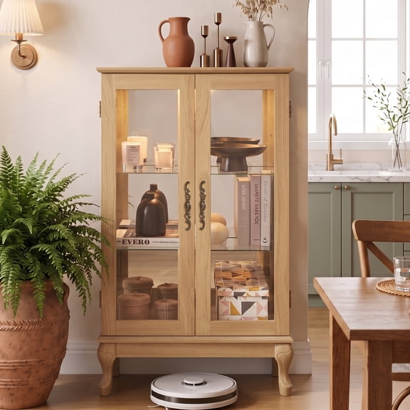 CKEASEAN 44"H Small Lighted Glass Curio Display Cabinet, 3-Tier Storage Curio Cabinet Showcase with Adjustable Shelves & Glass Doors, Wooden Cabinets with Mirrored Back Panel for Living Room, Office