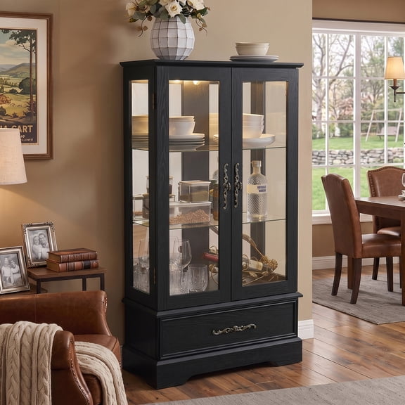 CKEASEAN 47" 3-Tier Lighted Glass Curio Display Cabinet, Glass Storage Cabinet with Adjustable Shelves & Drawer, Wooden Wine Accent Display Case with Mirrored Back Panel for Living Room, Bedroom