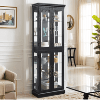 CKEASEAN Lighted Glass Display Cabinet, 71"H Wooden Curio Cabinet with Adjustable Glass Shelves Vintage & 6 Shelves