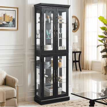 CKEASEAN Lighted Glass Display Cabinet, 71"H Wooden Curio Cabinet with Adjustable Glass Shelves Vintage & 6 Shelves