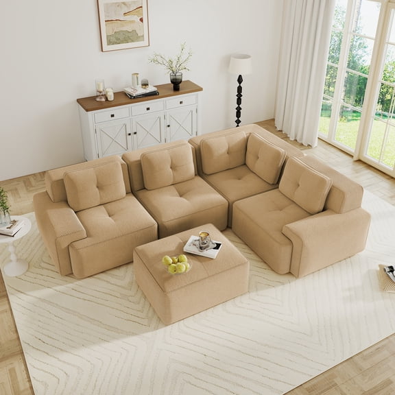 CKEASEAN Modular Sectional Sofa Corner Cloud Couch, 5 Seater Oversized V Shaped Boneless Couch with Movable Ottoman, Corner Sectional Couches for Living Room, Big Comfy Corduroy Modular Sofa