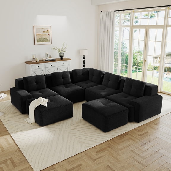 CKEASEAN Modular Sectional Sofa Corner Cloud Couch, 7 Seater Oversized V Shaped Boneless Couch with 2 Movable Ottoman, Corner Sectional Couches for Living Room, Big Comfy Corduroy Modular Sofa