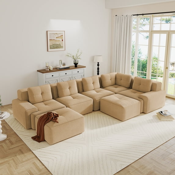 CKEASEAN Modular Sectional Sofa Corner Cloud Couch, 7 Seater Oversized V Shaped Boneless Couch with 2 Movable Ottoman, Corner Sectional Couches for Living Room, Big Comfy Corduroy Modular Sofa