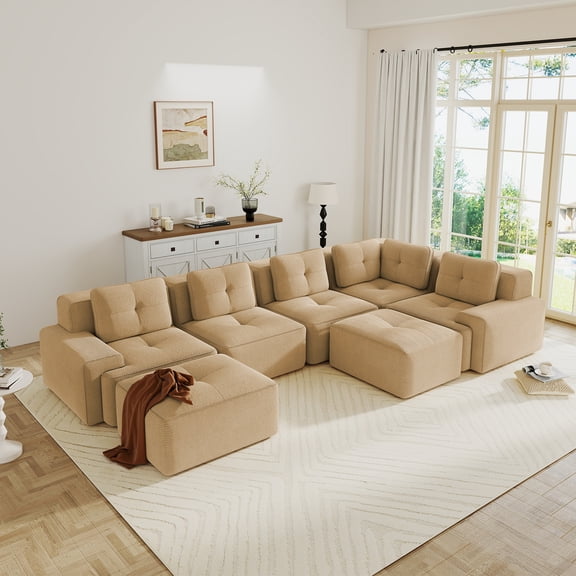 CKEASEAN Modular Sectional Sofa Corner Cloud Couch, 7 Seater Oversized V Shaped Boneless Couch with 2 Movable Ottoman, Corner Sectional Couches for Living Room, Big Comfy Corduroy Modular Sofa