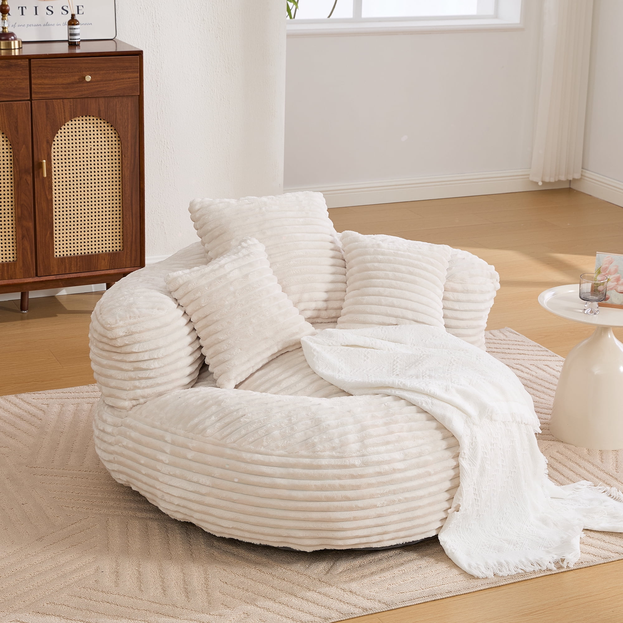 CKEASEAN Oversized Bean Bag Chair for Adults with Armrests & 3 Pillows, Corduroy Bean Bag Sofa with Memory Foam Filler, Lazy Floor Chair No Assembly, Comfy Lounge Seat for Living Room Relaxing