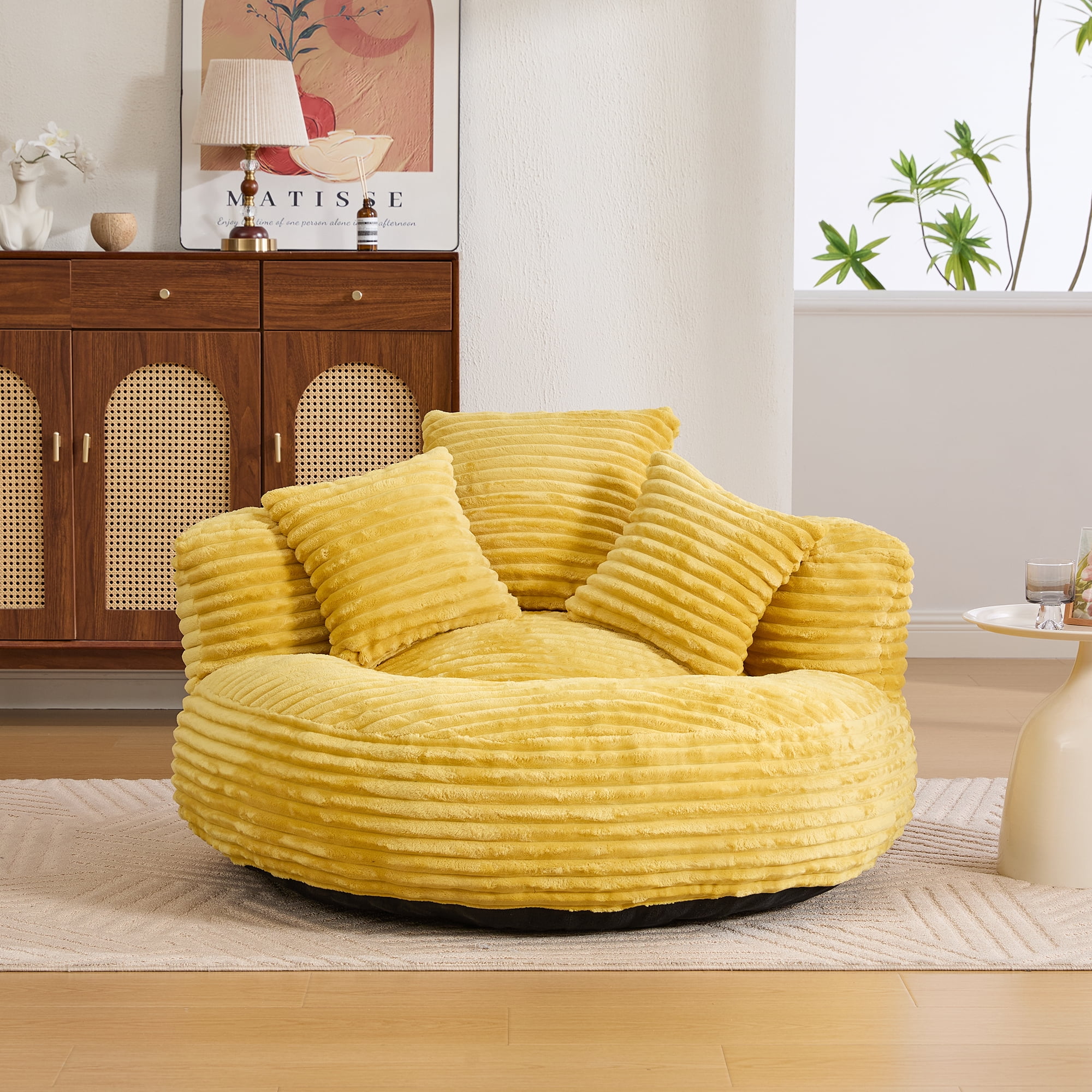 CKEASEAN Oversized Bean Bag Chair for Adults with Armrests & 3 Pillows, Corduroy Bean Bag Sofa with Memory Foam Filler, Lazy Floor Chair No Assembly, Comfy Lounge Seat for Living Room Relaxing