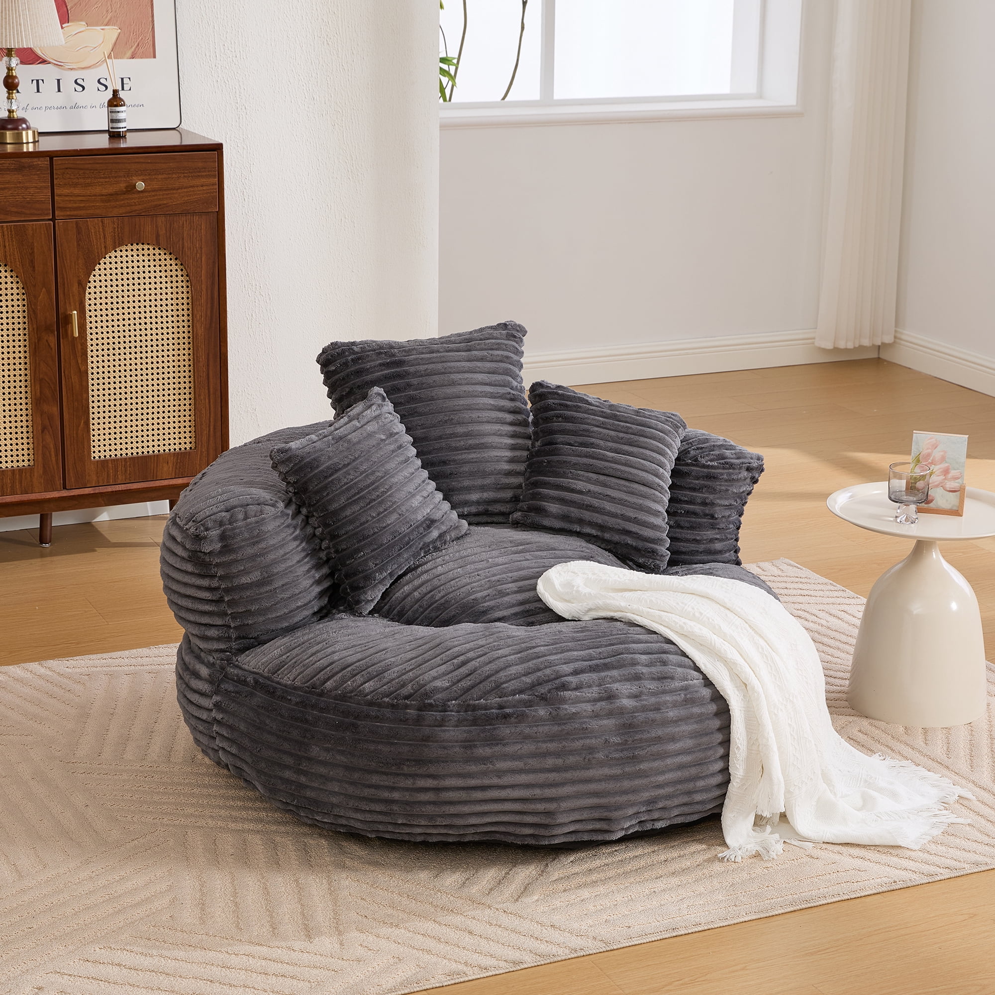 CKEASEAN Oversized Bean Bag Chair for Adults with Armrests & 3 Pillows, Corduroy Bean Bag Sofa with Memory Foam Filler, Lazy Floor Chair No Assembly, Comfy Lounge Seat for Living Room Relaxing