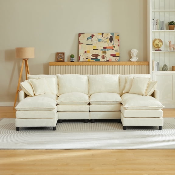 CKEASEAN 106.3" Chenille Modular Sectional Sofa with 2 Ottoman, Comfy U Shaped Cloud Couch with Upholstered & Pillow, Deep Seat Convertible 4-Seater Couches for Living Room, Apartment, Easy Assembly