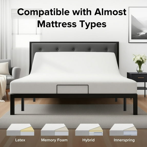 CKEASEAN Queen Size Adjustable Bed Frame, Ergonomic Electric Bed Base with Wireless Remote and 2 USB Ports, LED Night Light, Head & Foot Incline, 4 Height-Adjustable Legs, Easy assembly
