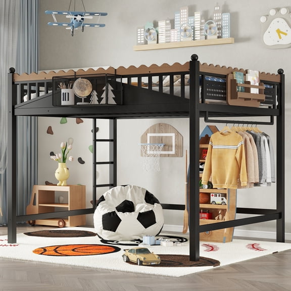 CKEASEAN Queen Size Metal Loft Bed, Heavy Duty Bed Frame with Wavy Guardrails & Ladder, Space-Saving Loft Beds with Storage Basket & Bookshelf, Pegboard & Clothing Rack, Easy Assembly for Bedroom