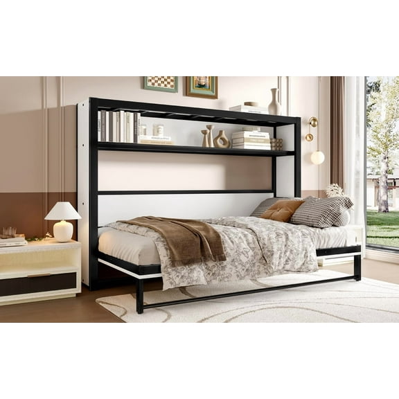 CKEASEAN Twin Metal Murphy Bed with Bookcase, Heavy-Duty Murphy Bed Frame with Metal Slats and Shelves, Folding Wall Bed Cabinet for Guest Room Bedroom Office