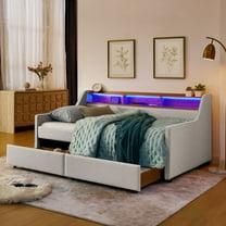 CKEASEAN Twin Size Upholstered Daybed with 2 Storage Drawers & LED Lights, Sofa Bed Frame with Wireless Charger/USB/Type-C Port, Modern Day Bed Frame with 2 Tier Storage Headboard for Living Room