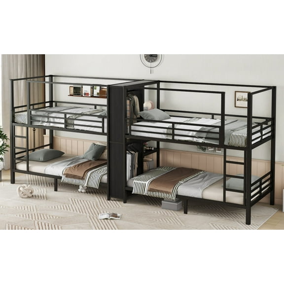 CKEASEAN Twin size Quadruple Metal Bunk Bed, Wardrobe & Storage Shelves, Heavy Duty Bunk Beds with Wardrobe for 4, Built-in Storage Shelves & Wardrobe, Sturdy Metal Frame with Noise-reduced Design