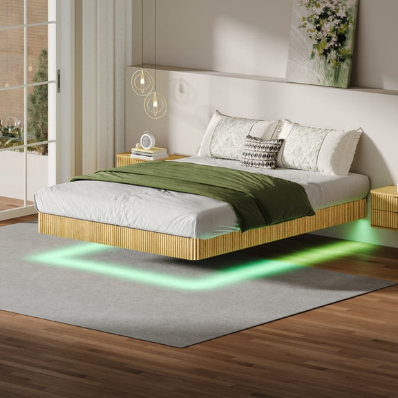 CKEASEAN Walnut Queen Floating Bed Frame, Wave Curve Wood Texture Platform Bed with Smart LED Lights, Heavy Duty Mid Century Modern Float Metal Bedframe, Invisible Suspension Design, Esay Assembly