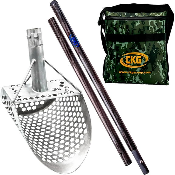 CKG Sand Scoops for Beach Metal Detecting Stainless Steel Beach Metal Detecting Shovel Underwater Treasure Hunting, Metal Detector Accessories(Bag + Scoop + Carbon Fiber Handle), (9x6 + Handle)