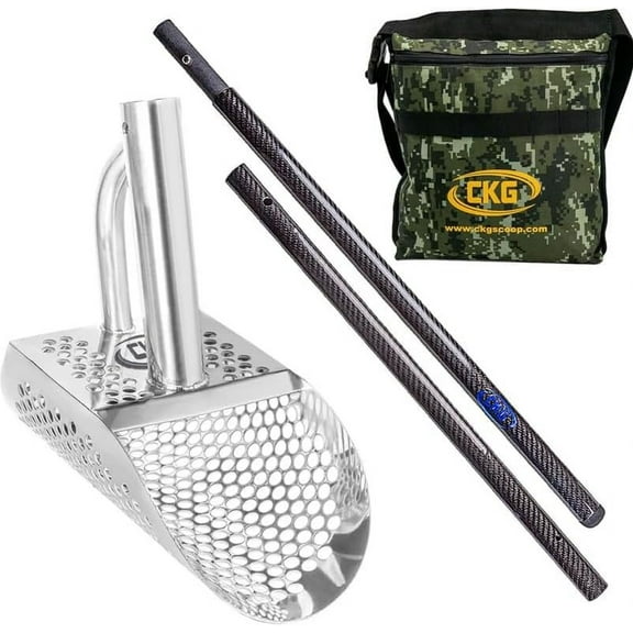 CKG Sand Scoops for Beach Metal Detecting Stainless Steel Beach Metal Detecting Shovel Underwater Treasure Hunting, Metal Detector Accessories(Bag + Scoop + Carbon Fiber Handle), (Diving + Handle)