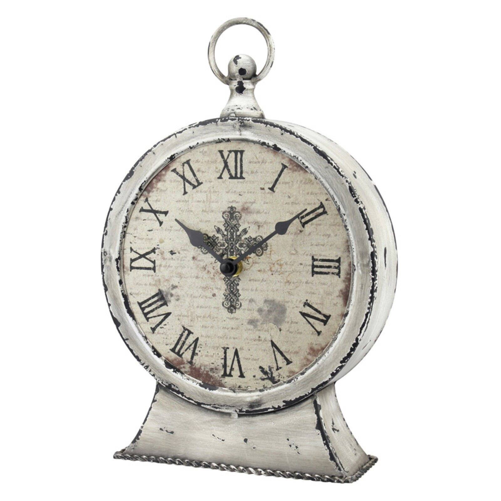 Antique White Metal Round Tabletop Clock with Roman Numerals