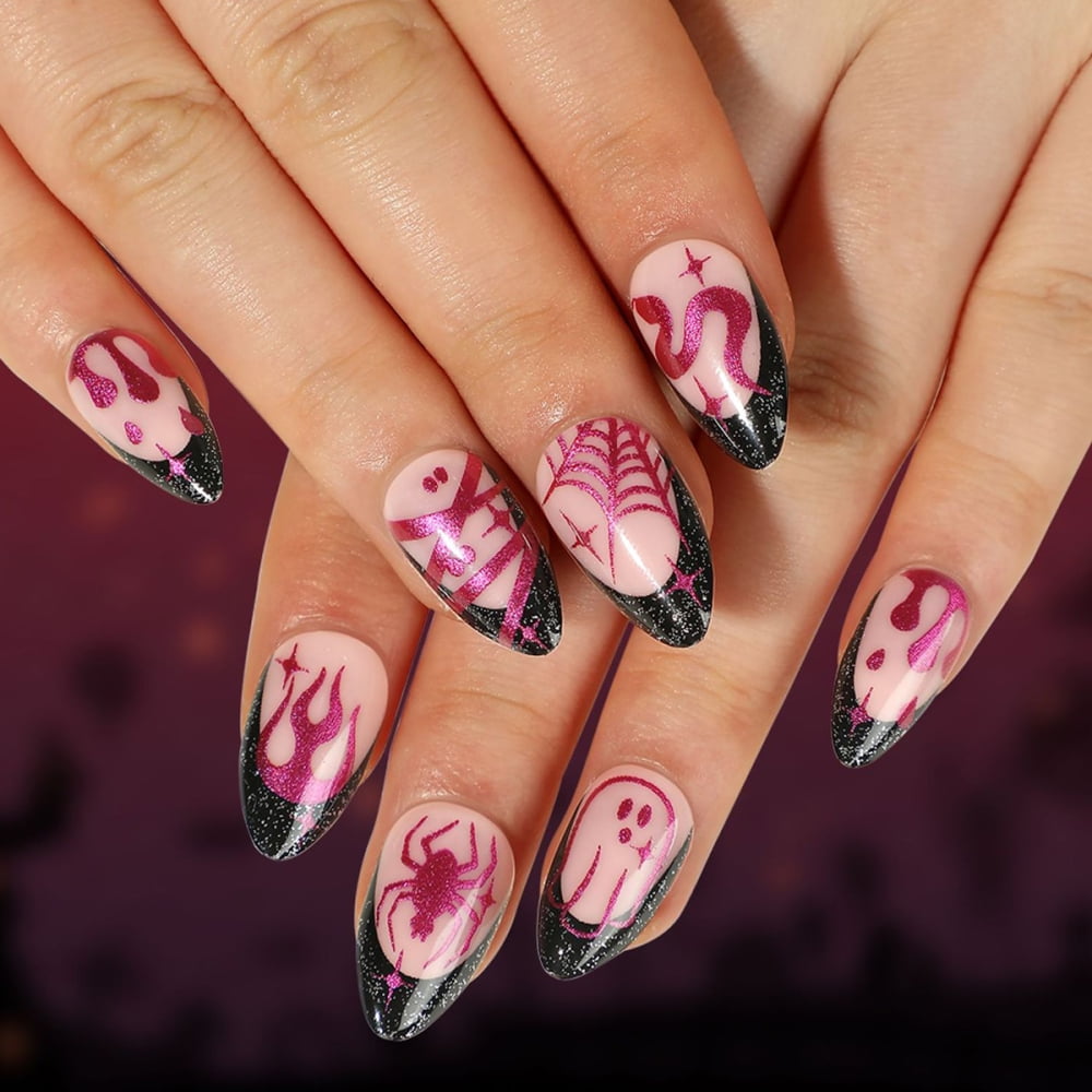 CKLC Black Tips Almond Artificial Nails with Pink Snake Cobweb Spider