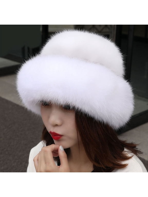 Faux Fur Trimmed Winter Fashion Hat for Women Fashionable Outdoor Warm Hats Christmas Gift(White)