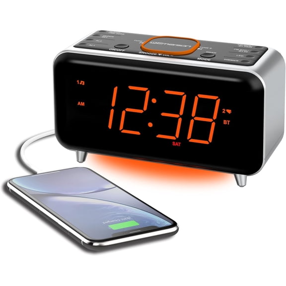 Emerson CKS1521 SmartSet Bluetooth Dual Alarm Clock Radio with 1.4 Orange LED Display, USB Charger, FM Radio, AUX Input, Auto-Dimmer, and Orange Accent Light
