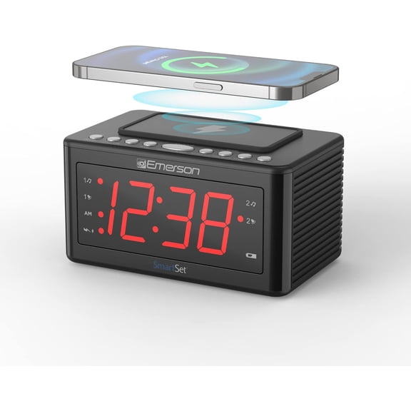 CKSW0555 Smartset Wireless Charging Alarm Clock Radio Featuring a Large 1.4" Red LED Display and Temperature Sensor, FM Radio, Black