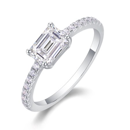 CKT Fine Jewelry Sterling Silver Plated 18K White Gold “Small Town, Big City” Ring 1ct Emerald Cut Moissanite with GRA Certificate Engagement Diamond Ring Gift
