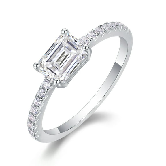 CKT Fine Jewelry Sterling Silver Plated 18K White Gold “Small Town, Big City” Ring 1ct Emerald Cut Moissanite with GRA Certificate Engagement Diamond Ring Gift