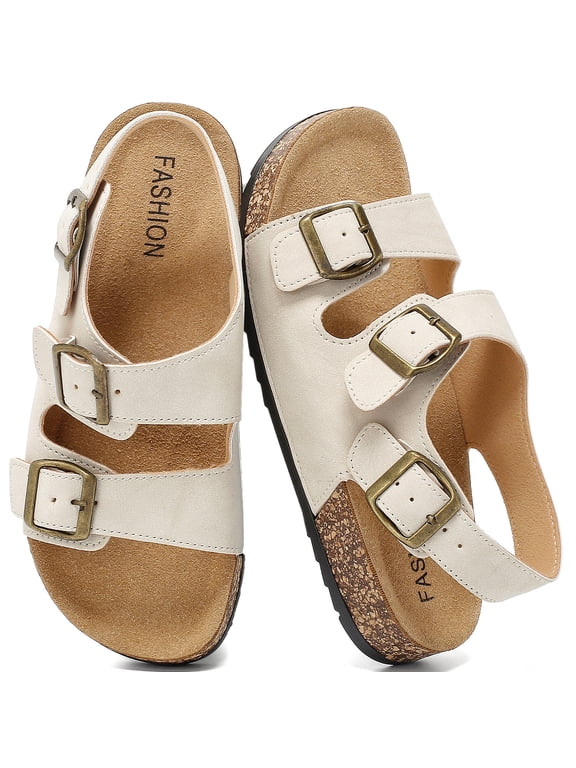Flat Slide Sandals for Women and Men with Cork Footbed, Summer Beach Shoes with Adjustable Back Strap