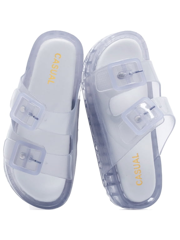 Women Jelly Sandals - Lightweight & Water-Resistant Pool Slides with Double Adjustable Buckle Non-slip Slip-on Flat Sandals for Beach Pool Shower Casual Daily Wear