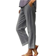 CKPWISY Women's Summer Casual Linen Pants Loose Comfy Lightweight Lounge Pant Elastic Waist Straight Leg Crop Pants Relax Beach Trousers with Pockets