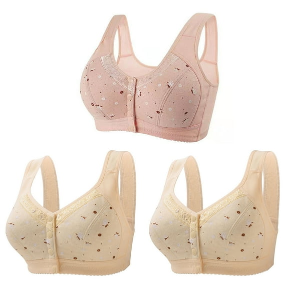CKpwisy Daisy Bras for Older Women Front Closure Comfortable Bras for Seniors Full Support No Underwire Bras Comfort Bras for Elderly No Wire Underwear Bras 3PC