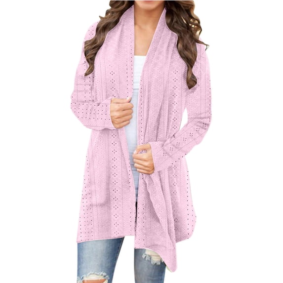 CKpwisy Eyelet Long Cardigans for Women Soft Comfy Open Front Jacket Coat 2025 New Solid Color Long Sleeve V Neck Cardigan Spring Fall Outfits