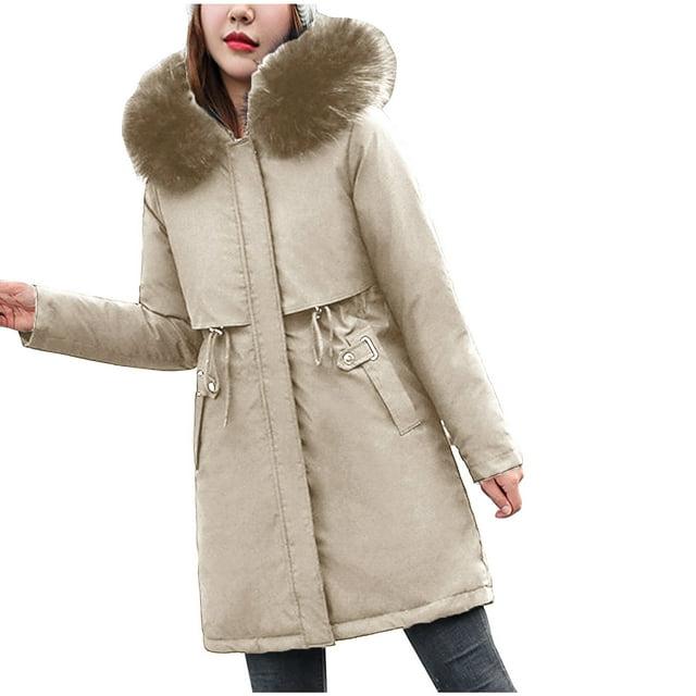CKpwisy Faux Fur Hooded Parka Womens Mid-Length Winter Outerwear Solid Plain Jacket Soft Fleece Lined Snow Coat Thermal Long Sleeve Coats