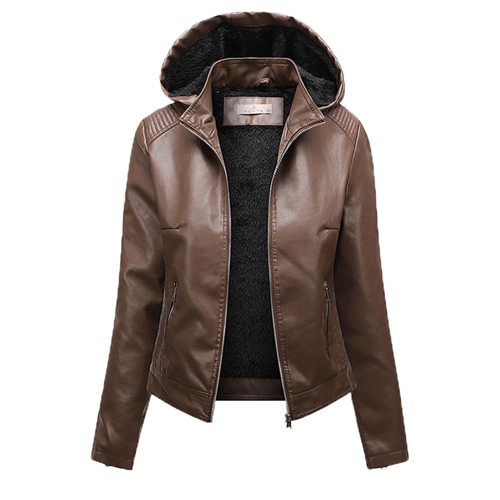 Womens Plus Size Faux Leather Moto Biker Zip Up Hoodie Jacket main image 1