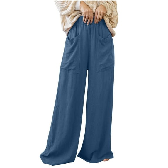 CKpwisy Linen Wide Leg Pants Women Loose Casual Elastic High Waist Trousers with Pocket Boho Flowy Pants Summer Beach Wear Palazzo Pant