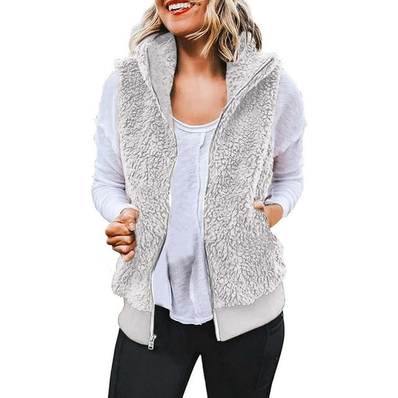 CKpwisy Long Fleece Vest for Women Fall Winter Sleeveless Sherpa Jacket Coat Warm Thicken Reversible Zip Up Vest Casual Fuzzy Chunky Lapel Cardigan Outwear