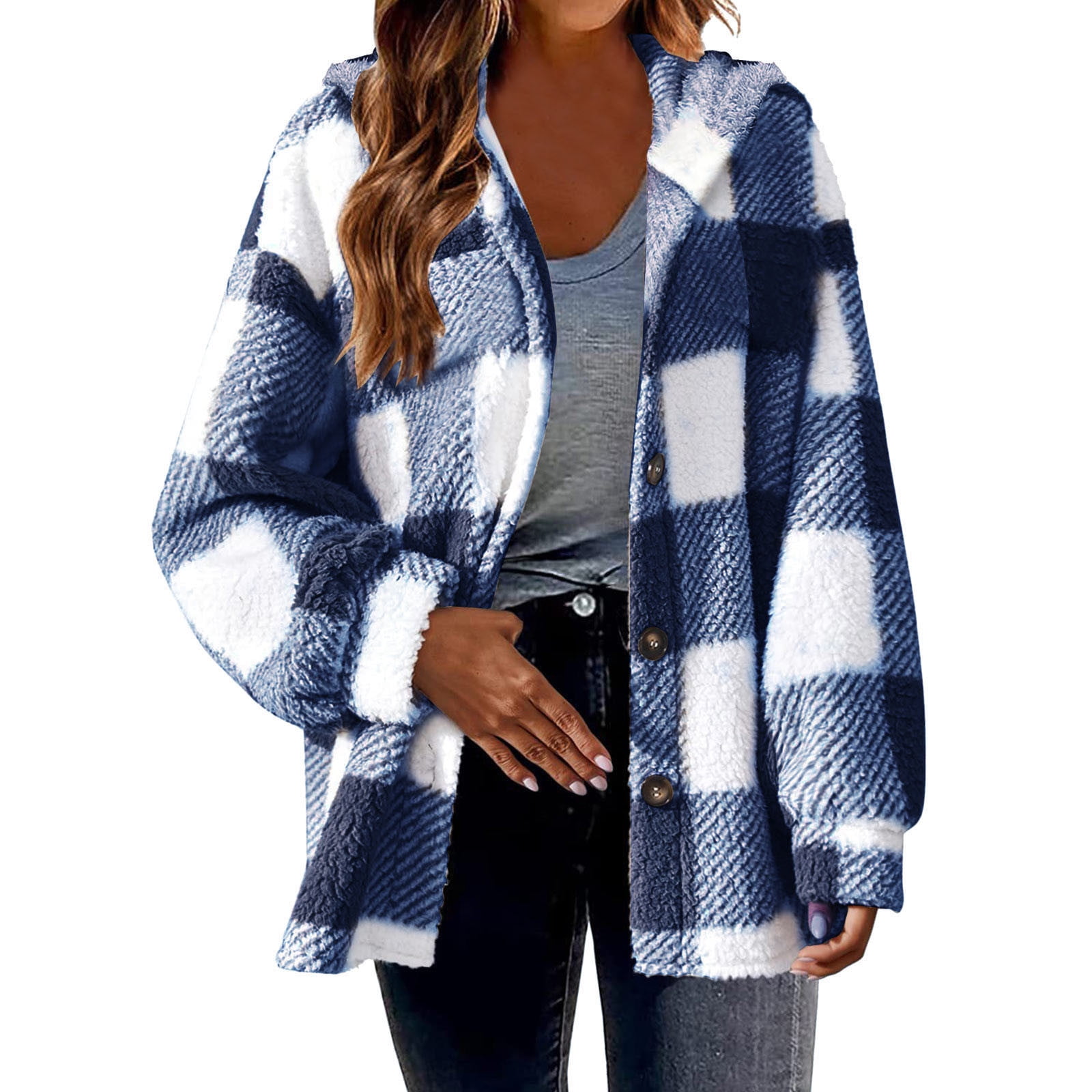 CKpwisy Plaid Shackets for Women Plus Size Long Sleeve Fleece Lined ...